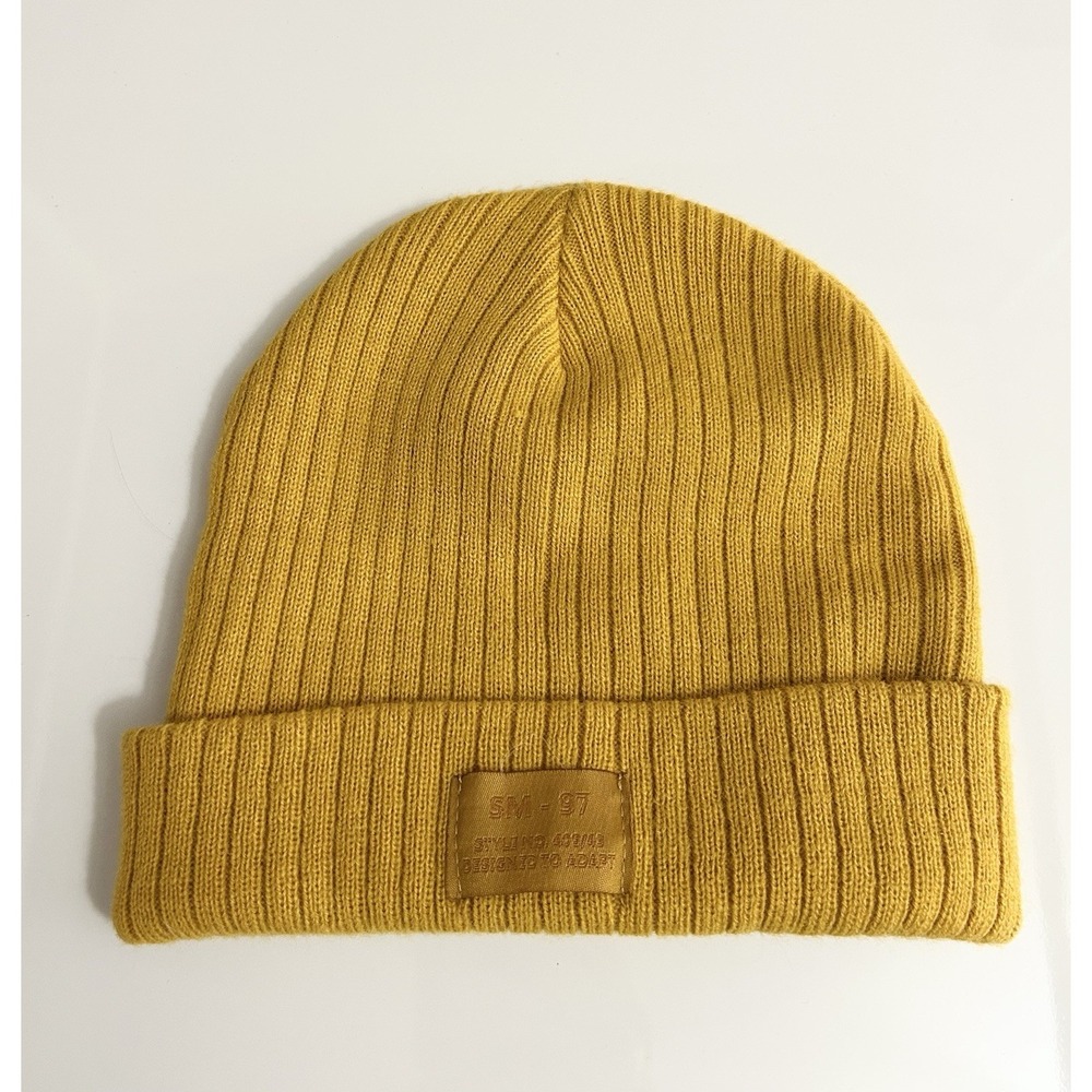 Five Below Lightweight Rib Knit Cuff Beanie With Patch - Yellow